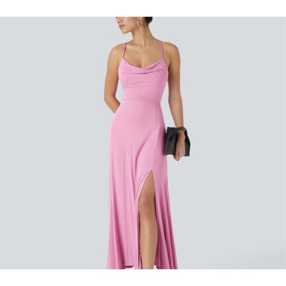 Halara Ribbed Cowl Neck Backless Crisscross Lace Up Split Midi Party Dress Sz XS - Picture 6 of 12